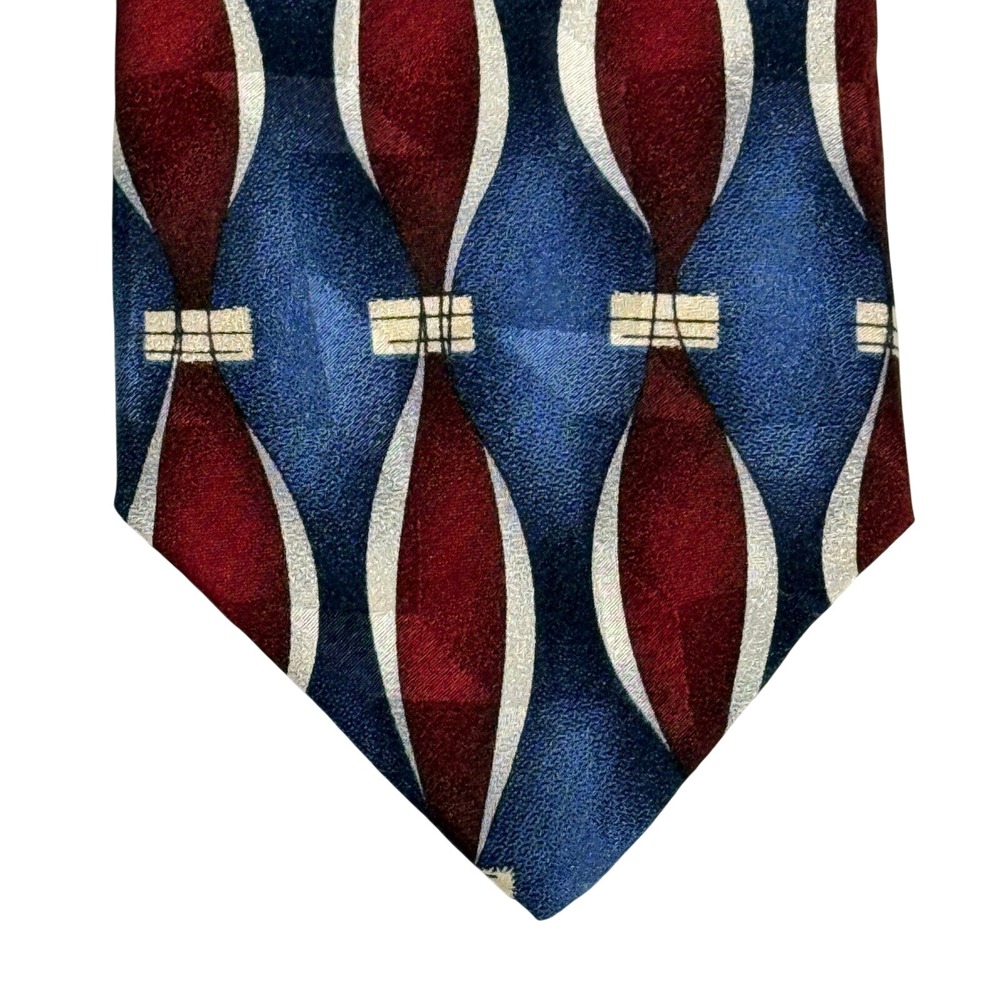 Vintage Men Geometric Abstract Neck Tie Blue Burgundy Silver Retro Wide Necktie